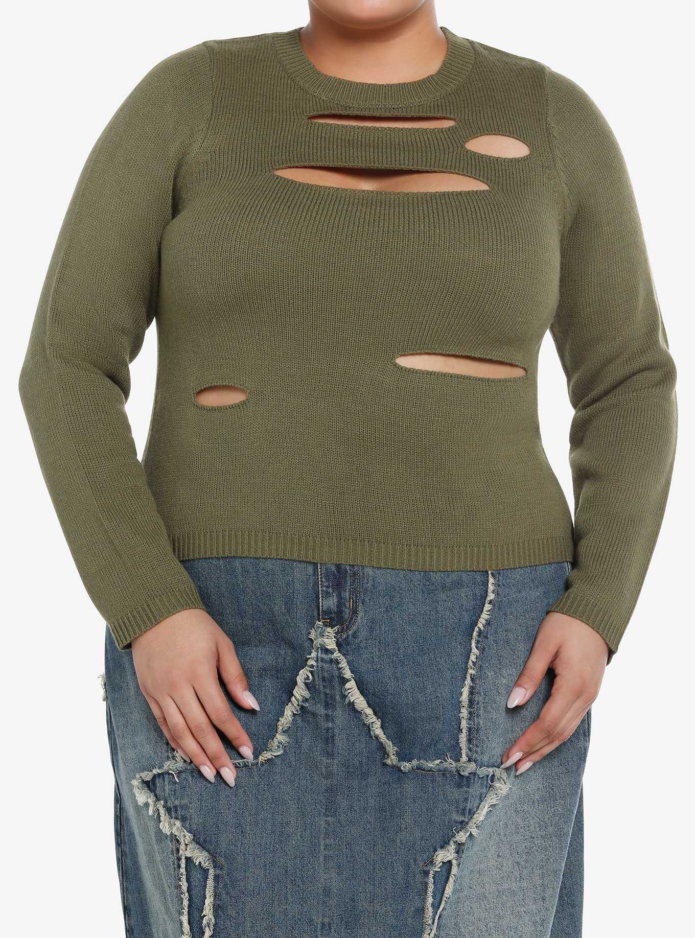 Social Collision Olive Distressed Cutout Girls Sweater Plus Size, , hi-res