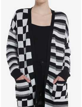 Social Collision Black & White Checkered Stripe Girls Cardigan, , hi-res