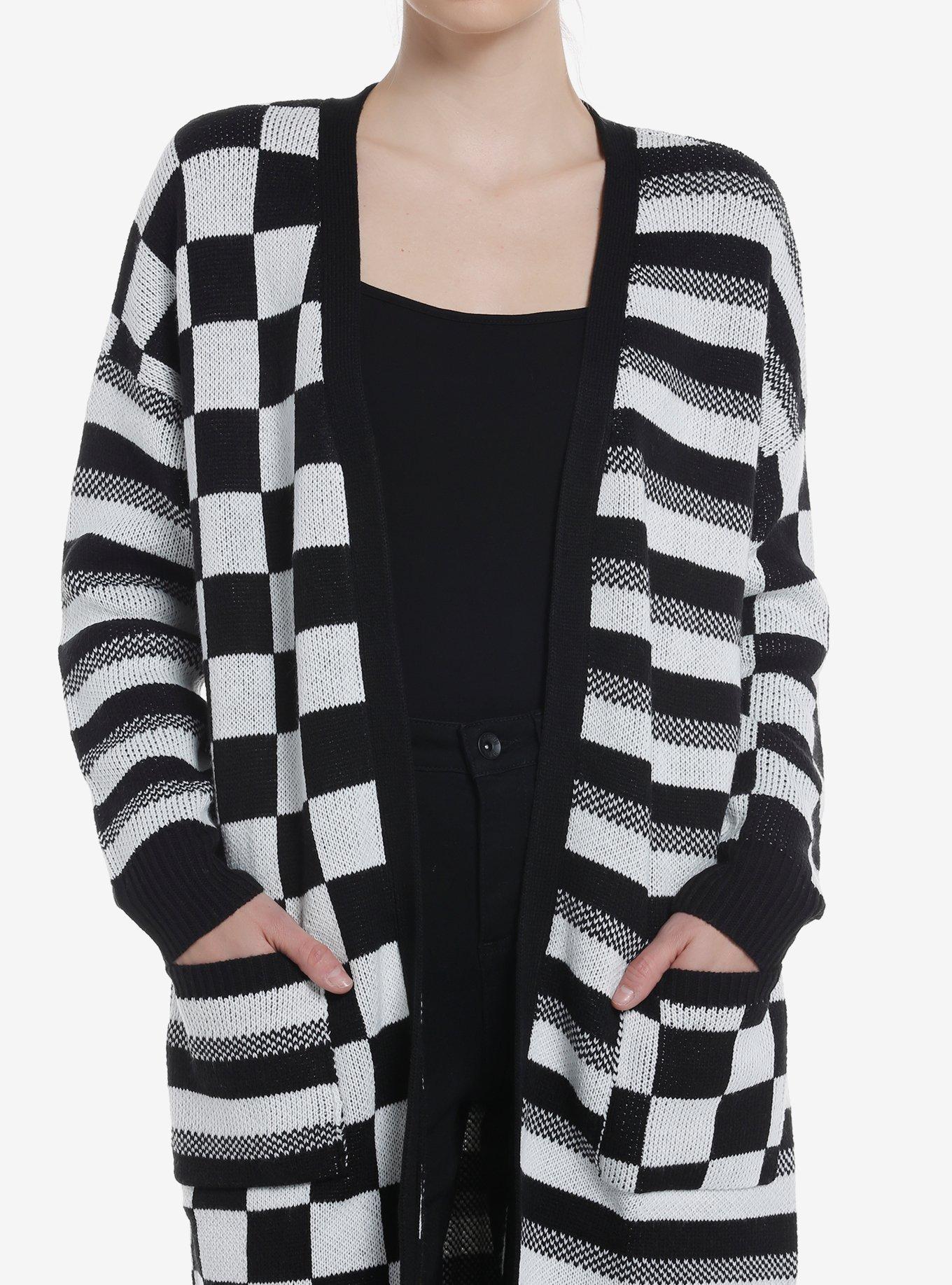 Social Collision Black & White Checkered Stripe Girls Cardigan, BLACK WHITE CHECKER, hi-res