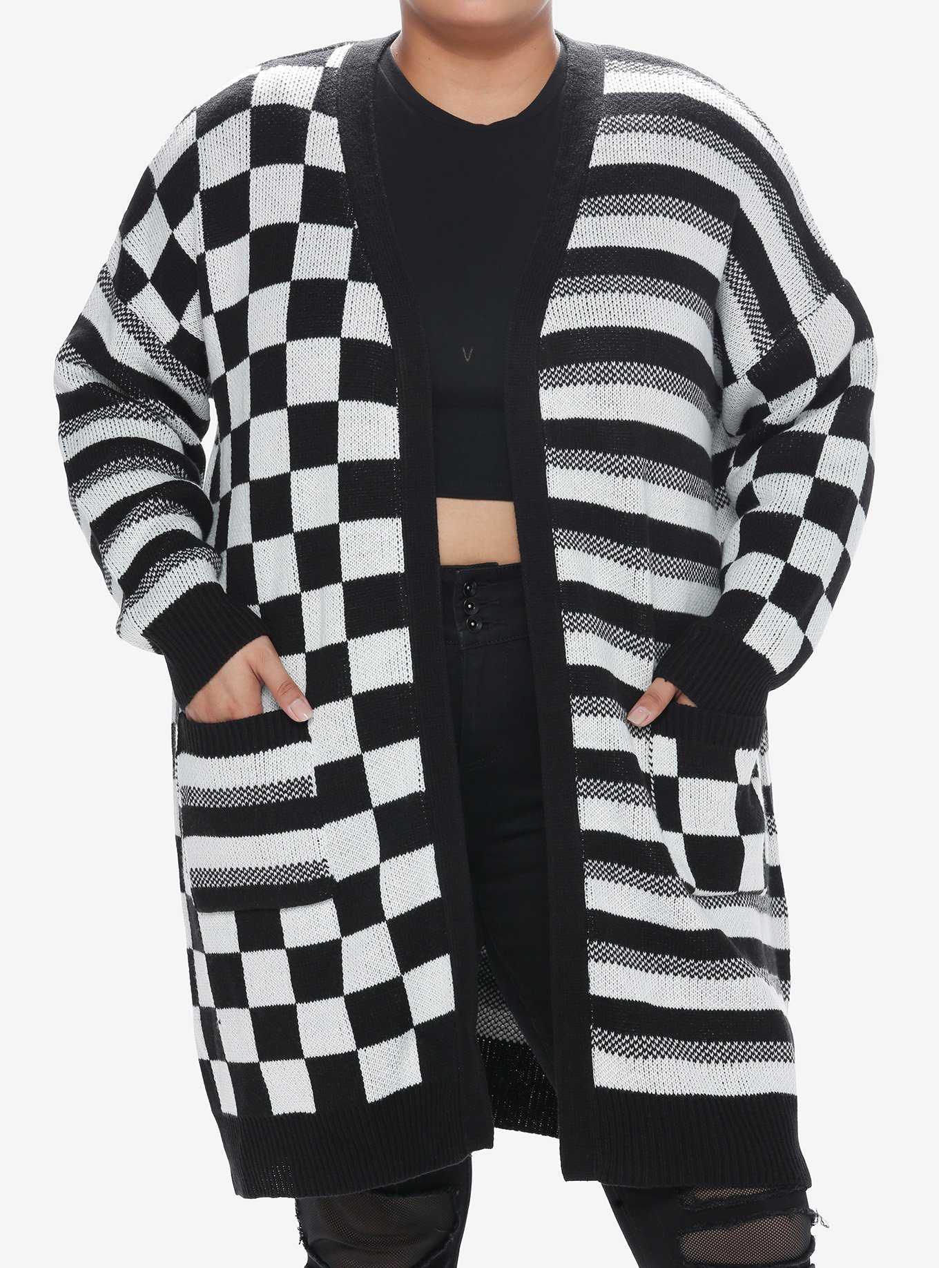 Social Collision Black & White Checkered Stripe Girls Cardigan Plus Size, , hi-res