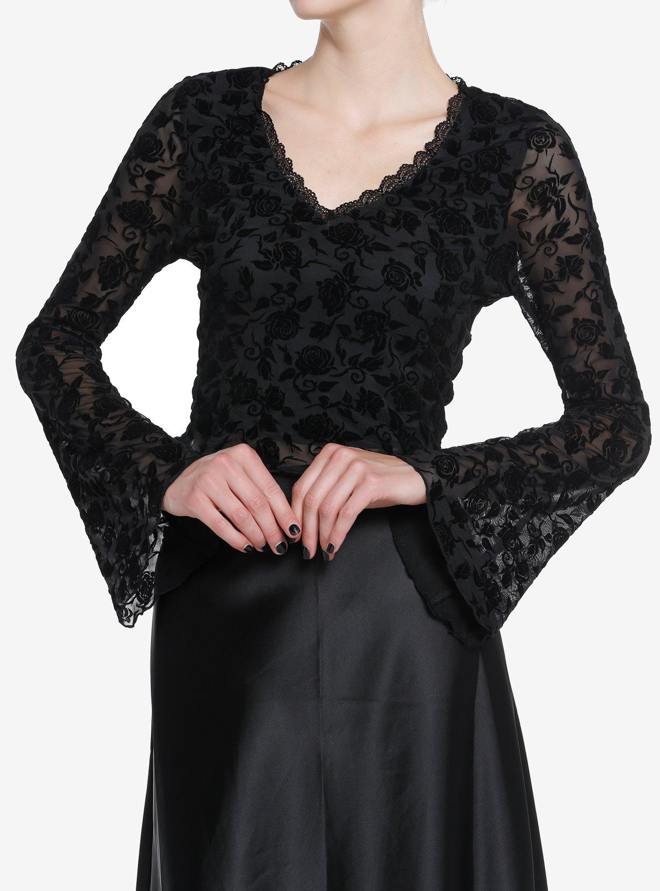 Cosmic Aura Black Rose Flocked Girls Bell Sleeve Top, BLACK, hi-res