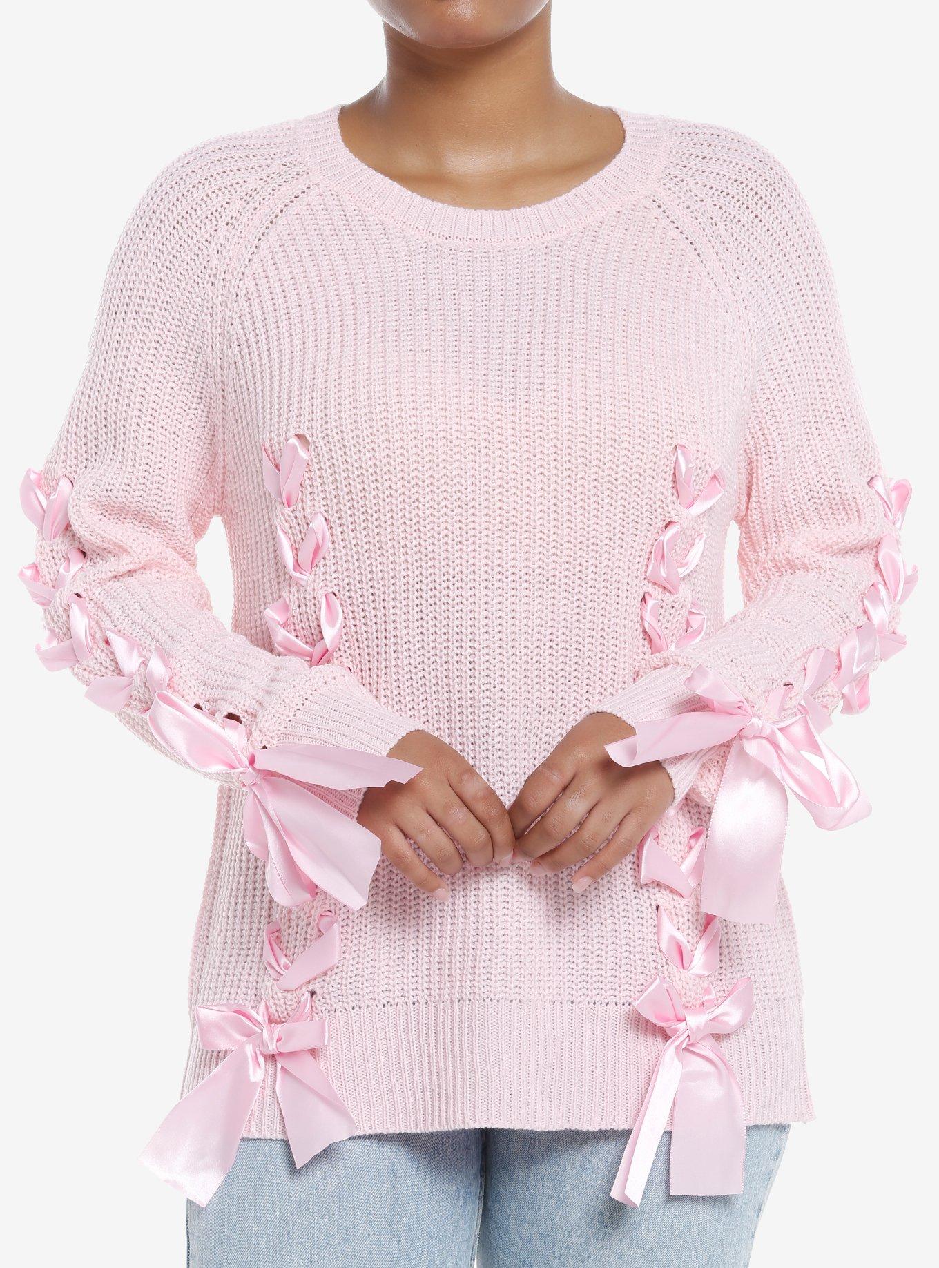 Sweet Society Pink Ribbon Girls Knit Sweater, PINK, hi-res