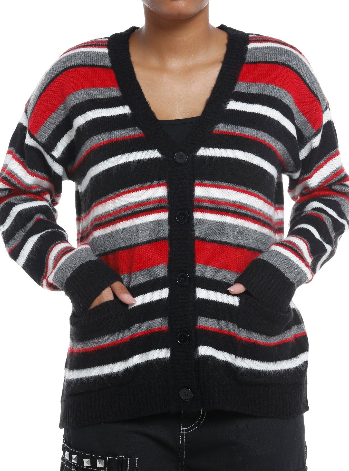 Social Collision Striped Fuzzy Girls Cardigan, STRIPES, hi-res