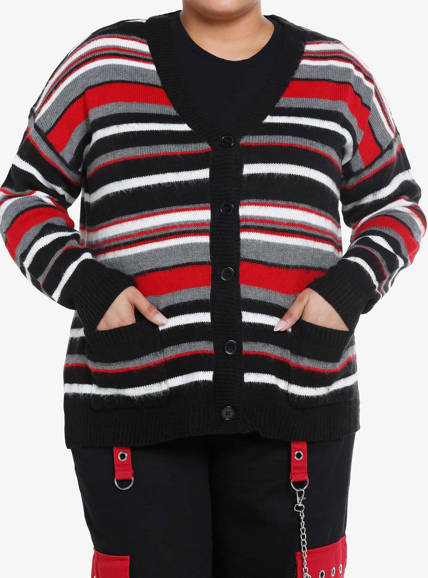 Social Collision Striped Fuzzy Girls Cardigan Plus Size, , hi-res