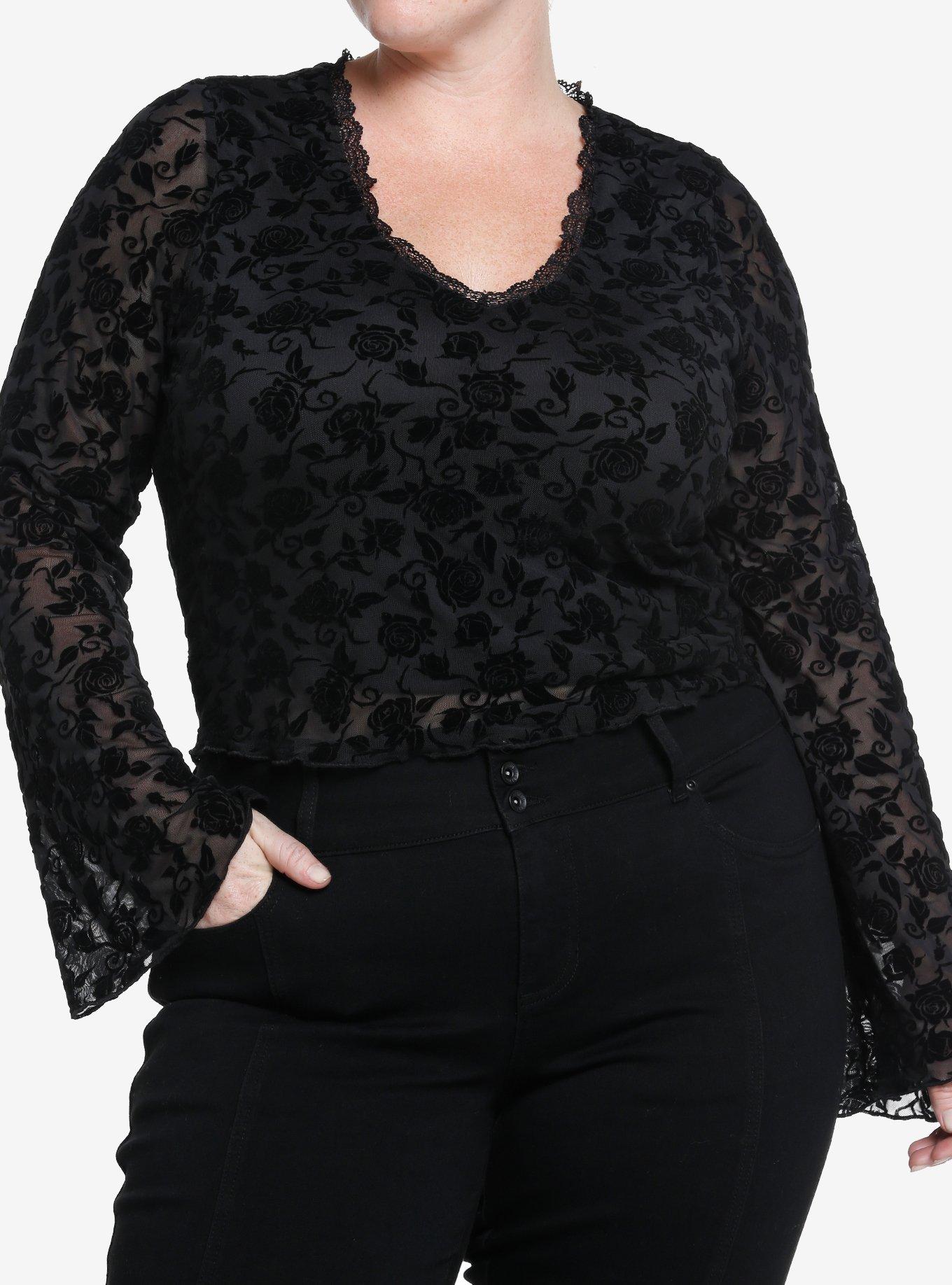 Cosmic Aura Black Rose Flocked Girls Bell Sleeve Top Plus Size, BLACK, hi-res