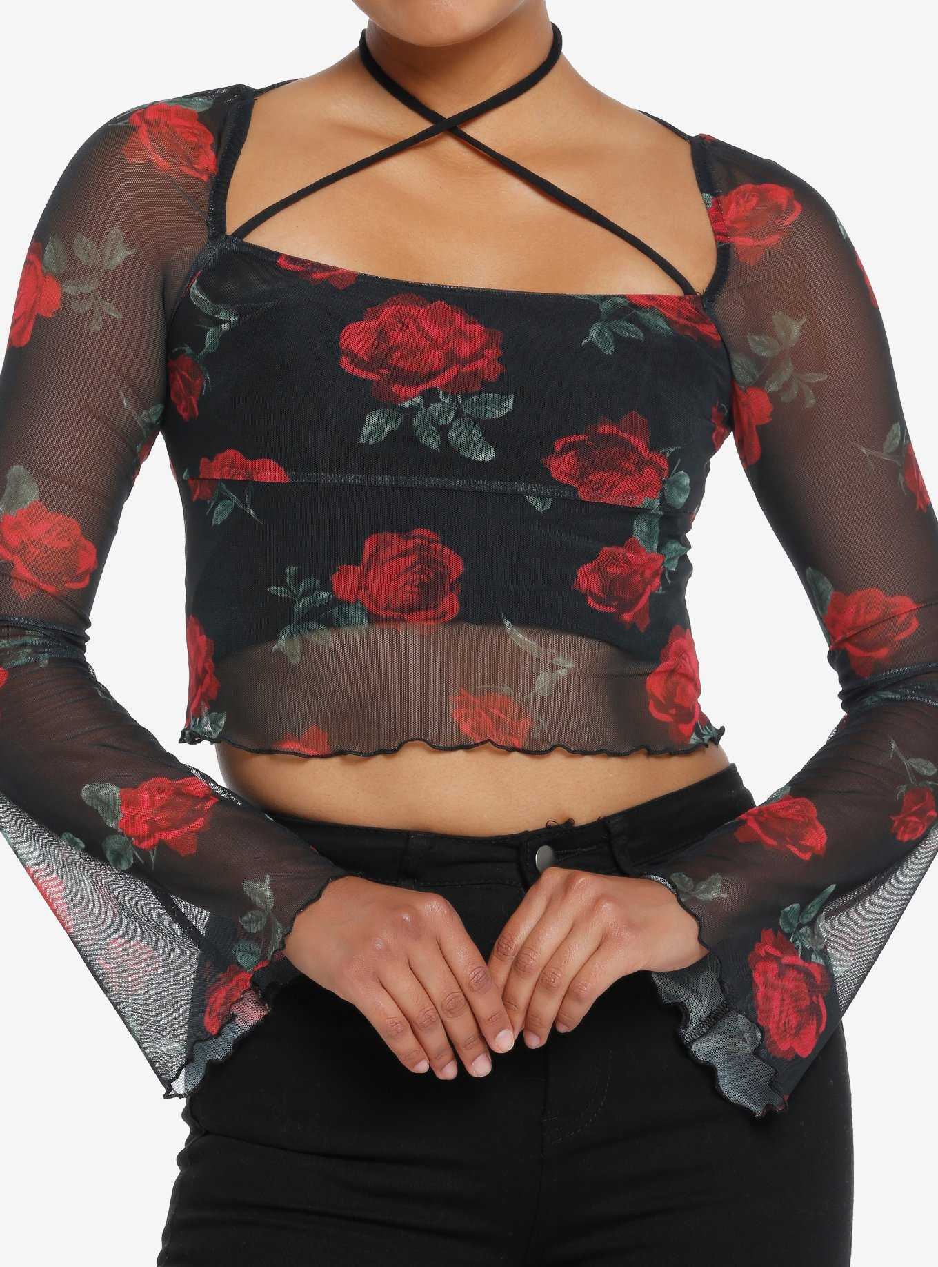 Social Collision Red Rose Mesh Girls Long-Sleeve Top