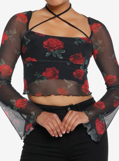 Social Collision Red Rose Mesh Girls Long-Sleeve Top | Hot Topic