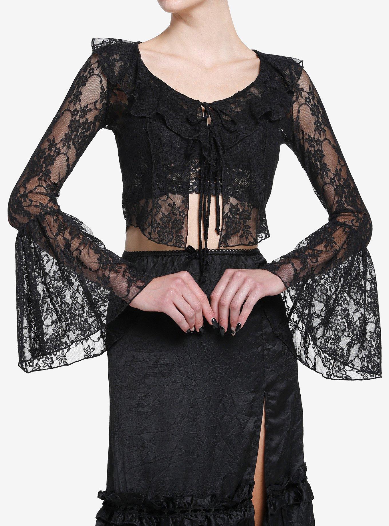 Black Lace Bell Sleeve Girls Tie-Front Top | Hot Topic