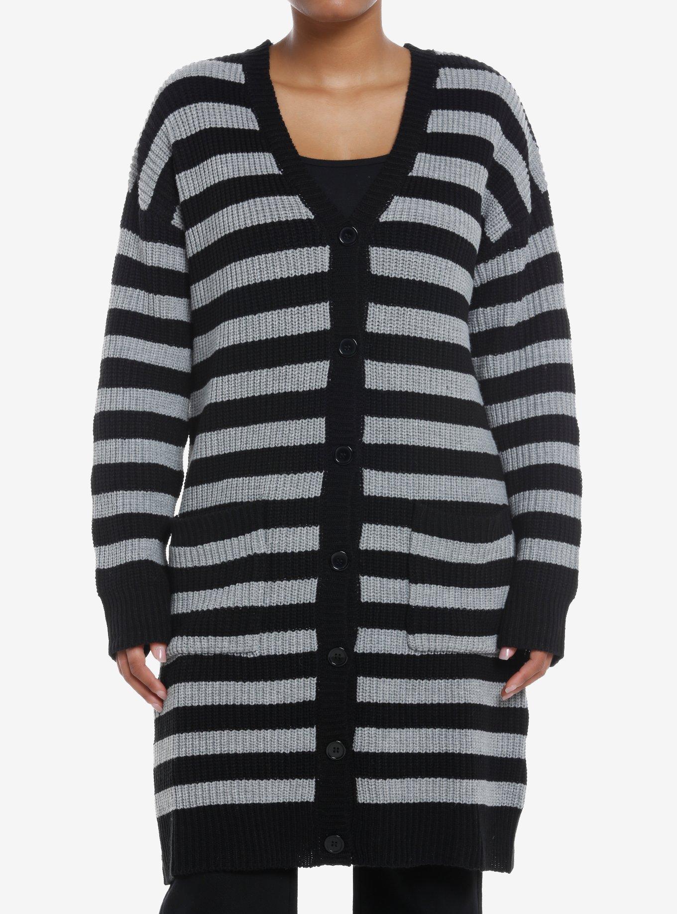 Social Collision Black & Grey Stripe Girls Cardigan, CHARCOAL, hi-res
