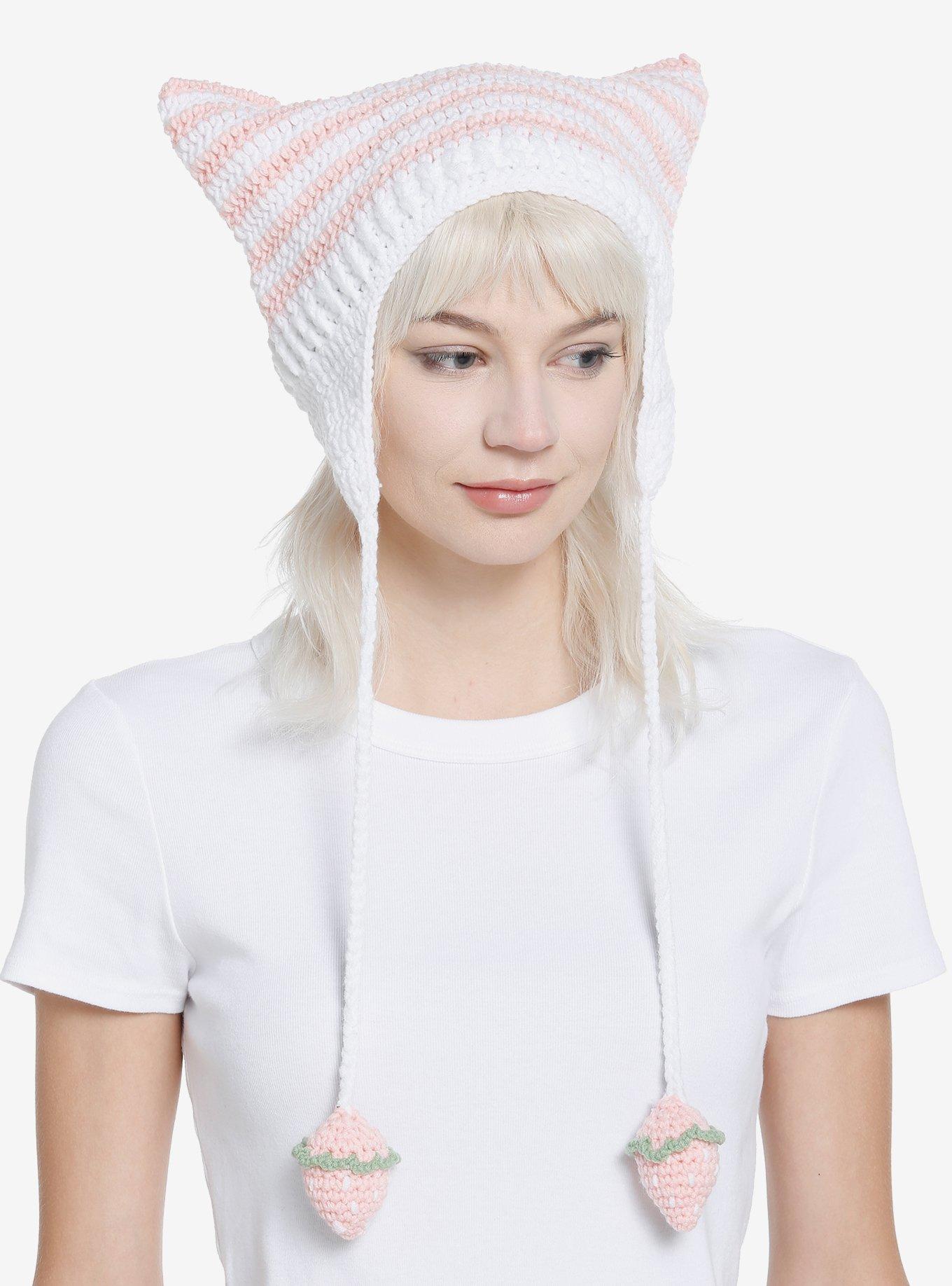 Pink & White Cat Ear Strawberry Tassel Beanie, , hi-res