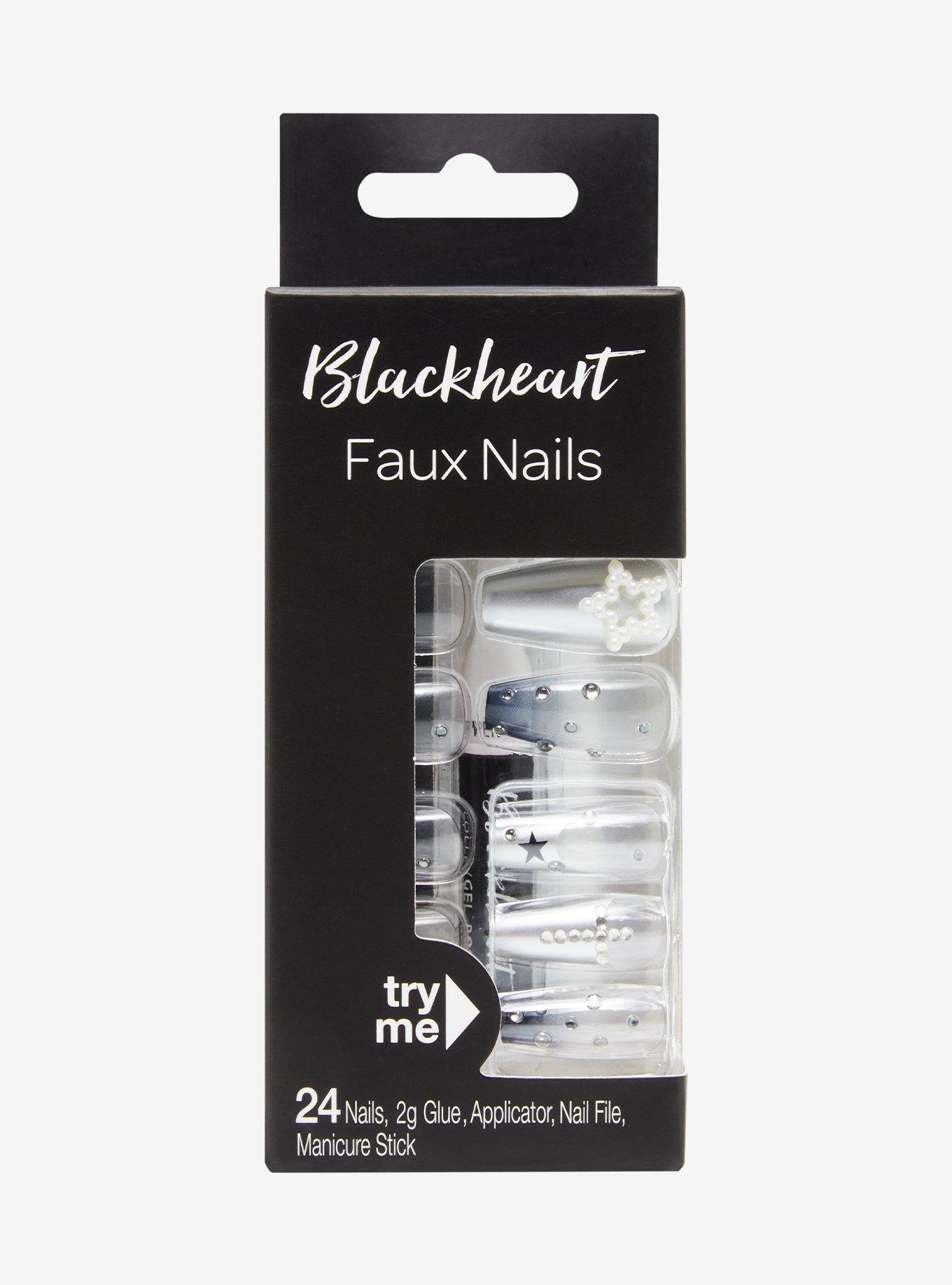 Blackheart Silver Star Gem Faux Nail Set, , hi-res