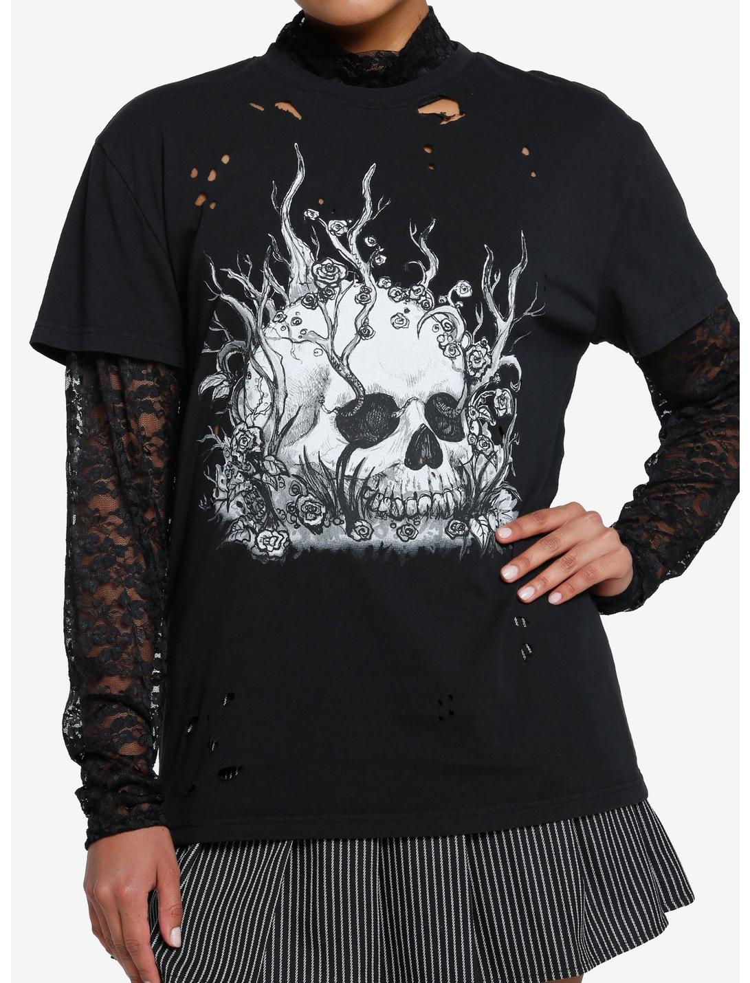 Skull Roots Lace Girls Long-Sleeve Twofer T-Shirt By Ghoulish Bunny Studios, BLACK, hi-res