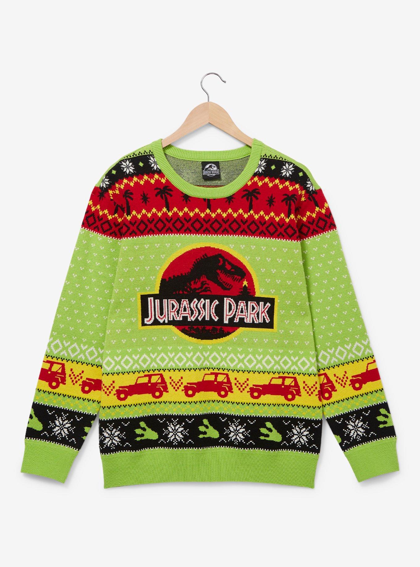 Jurassic Park Logo Patterned Holiday Sweater - BoxLunch Exclusive, GREEN, hi-res