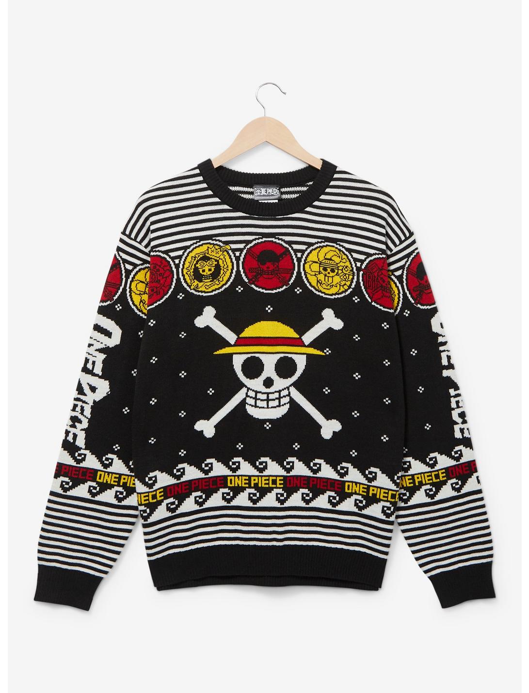 One Piece Straw Hat Crew Jolly Roger Holiday Sweater - BoxLunch Exclusive, BLACK, hi-res