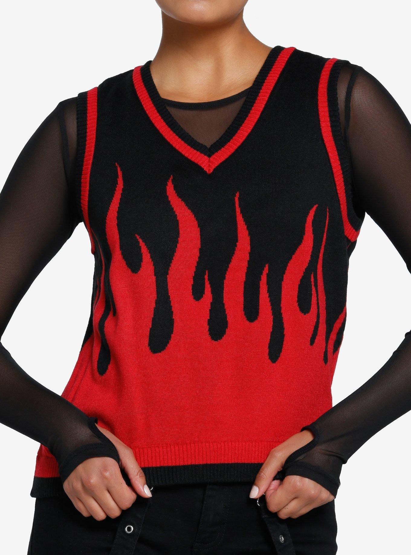 Social Collision Black & Red Flame Girls Sweater Vest, BLACK, hi-res