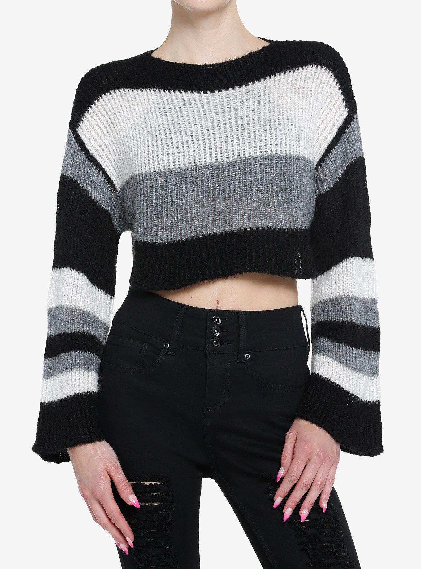 Social Collision Black & Grey Stripe Knit Girls Sweater, STRIPES-GREY, hi-res