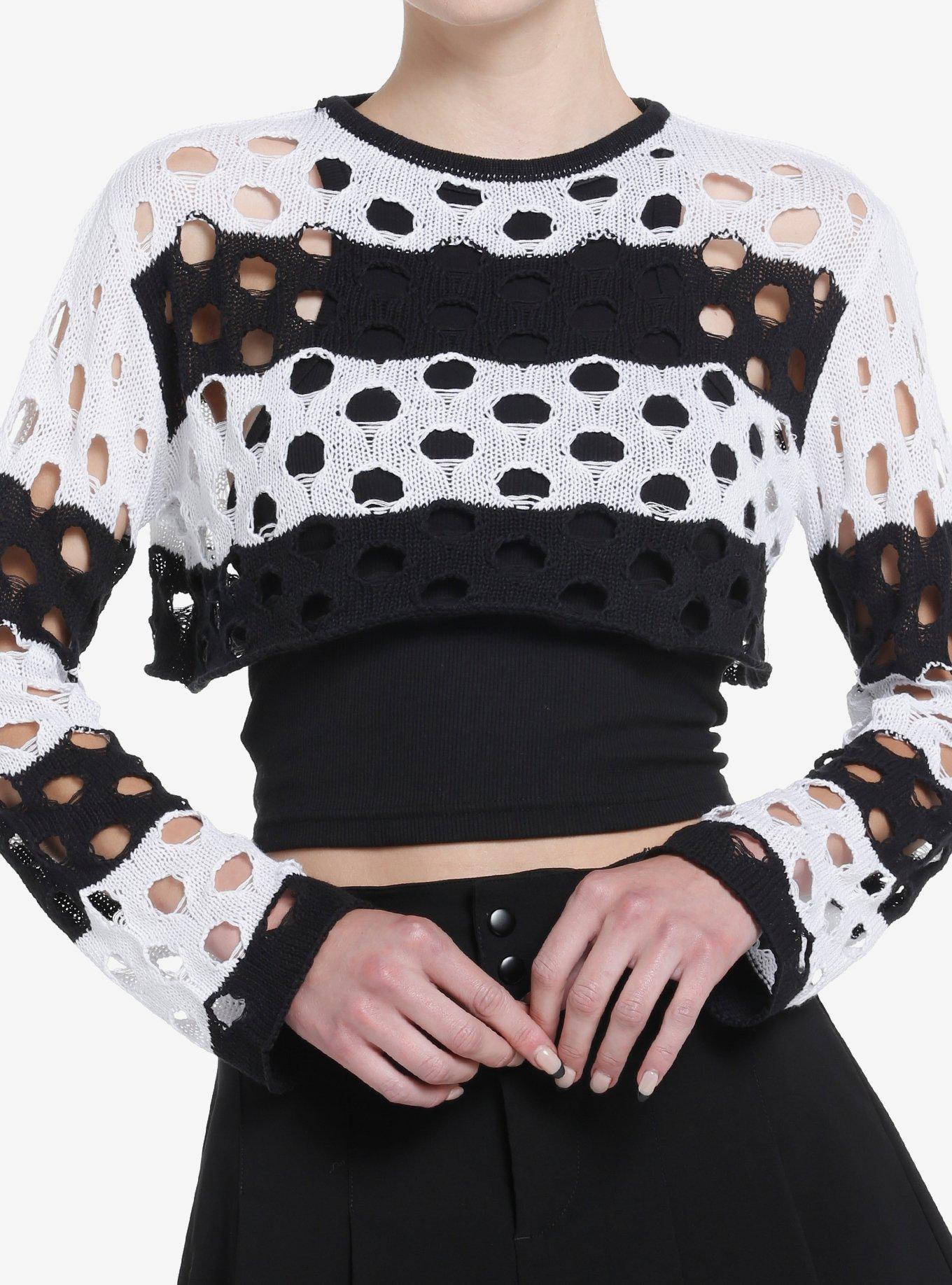 Black & White Striped Open Knit Girls Crop Sweater, , hi-res