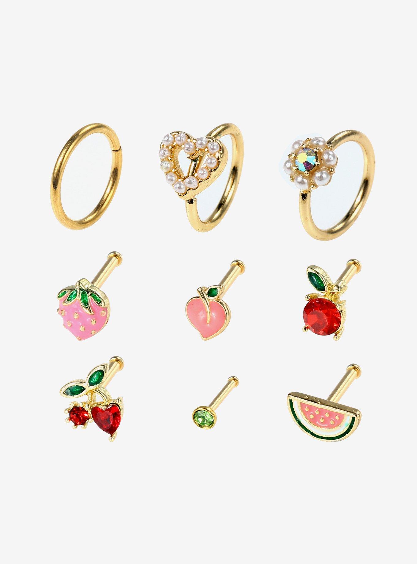 Steel Fruit Pearl Nose Stud & Hoop 9 Pack, , hi-res