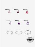Steel Purple & Pink Nose Stud & Hoop 9 Pack, MULTI, hi-res