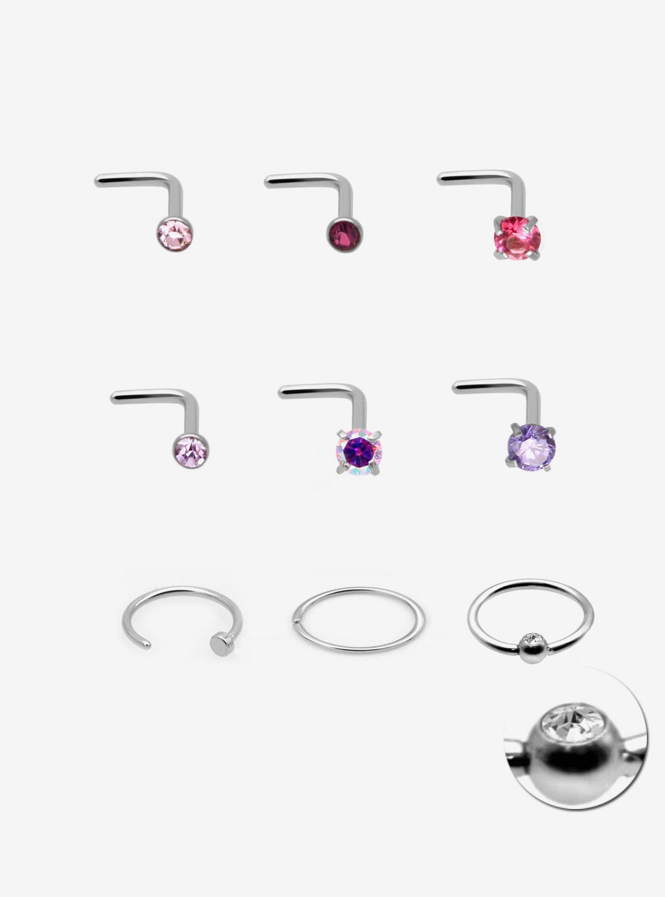 Steel Purple & Pink Nose Stud & Hoop 9 Pack, MULTI, hi-res