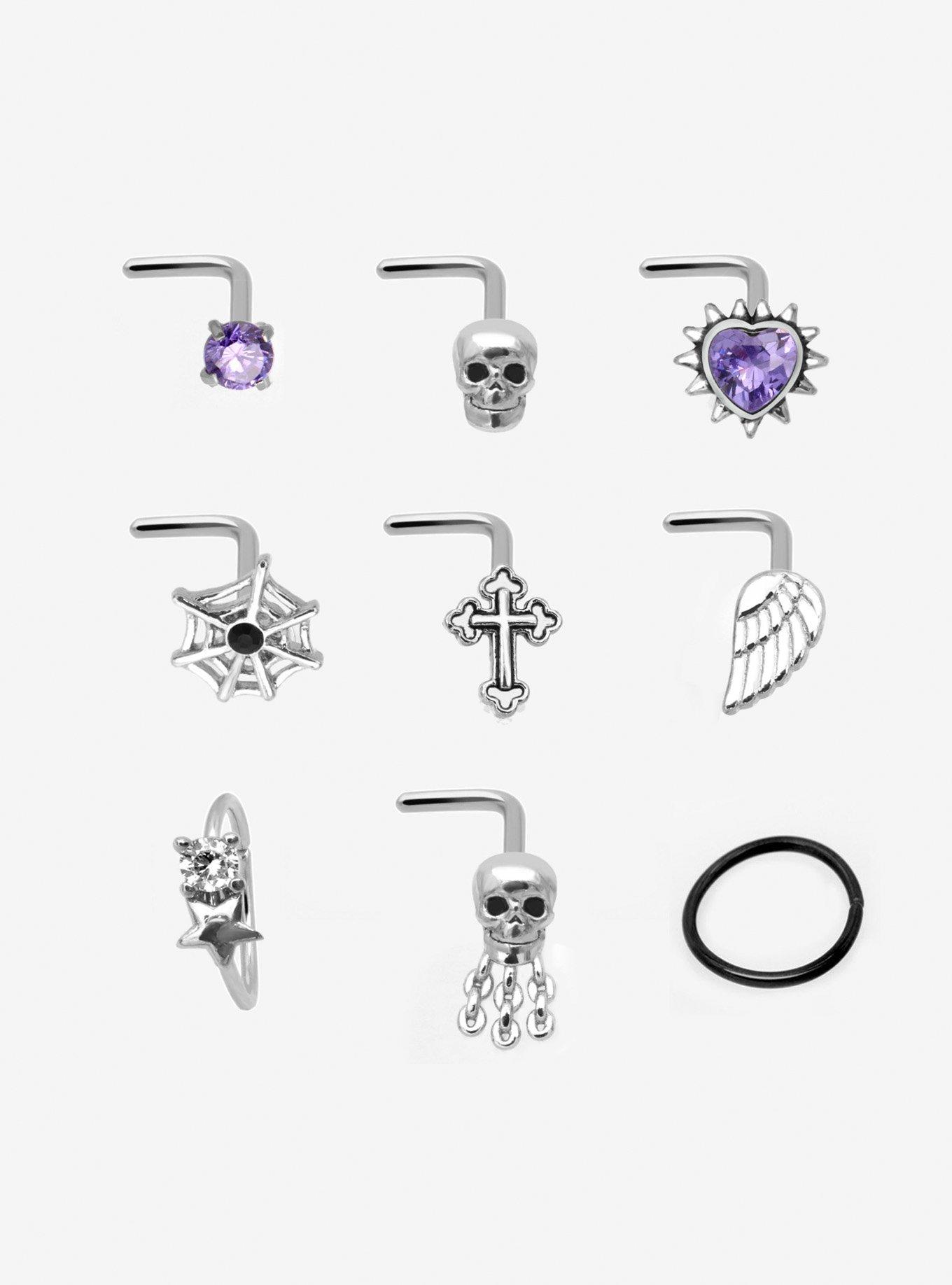 Steel Skull Cross Wing Nose Stud & Hoop 9 Pack, MULTI, hi-res