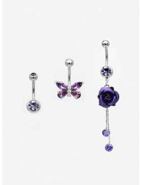 14G Steel Purple Butterfly & Rose Navel Barbell 3 Pack, , hi-res