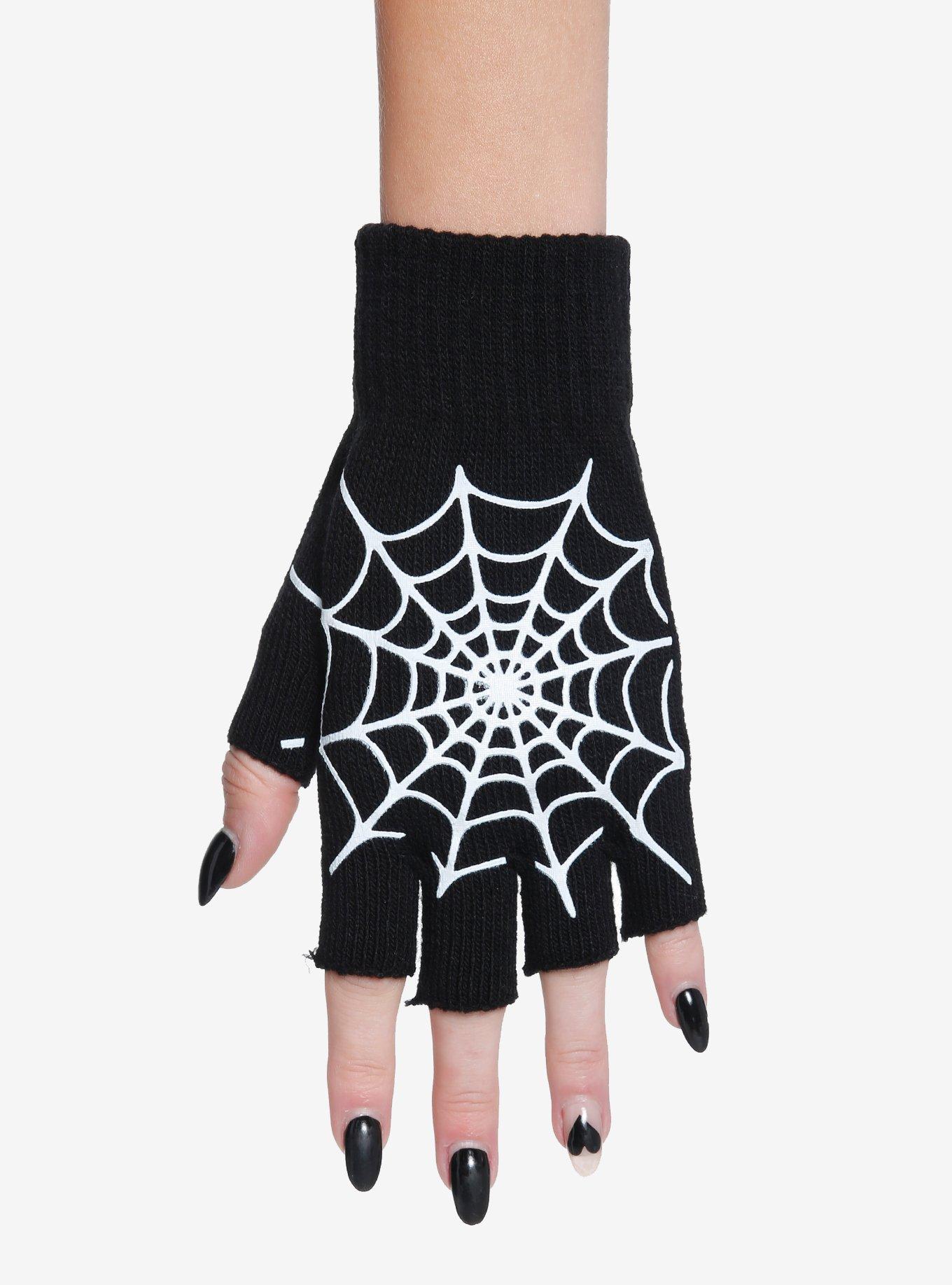 Black Spider Web Glow-In-The-Dark Fingerless Gloves, , hi-res