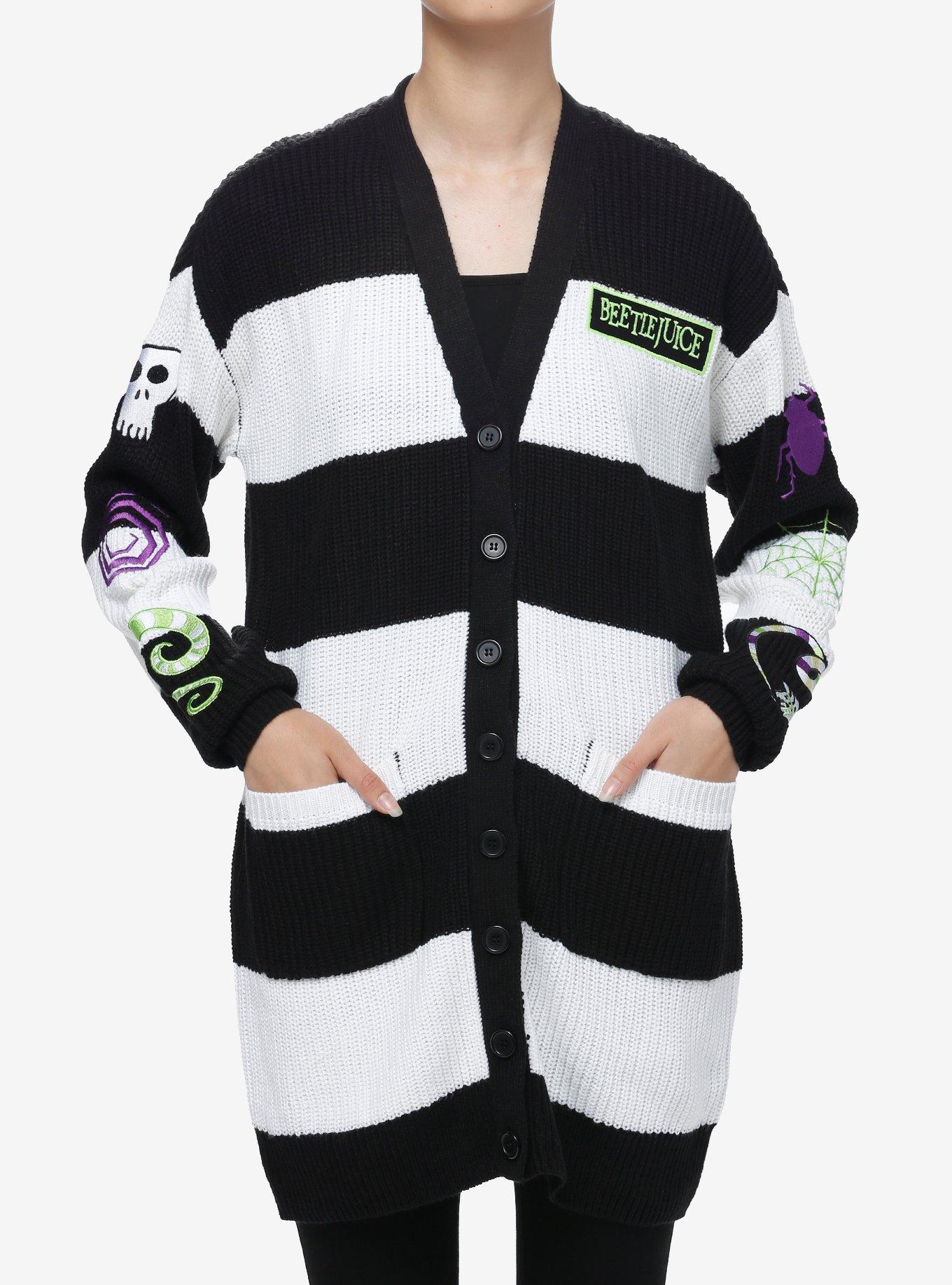 Beetlejuice Black & White Stripe Patches Girls Cardigan, MULTI, hi-res