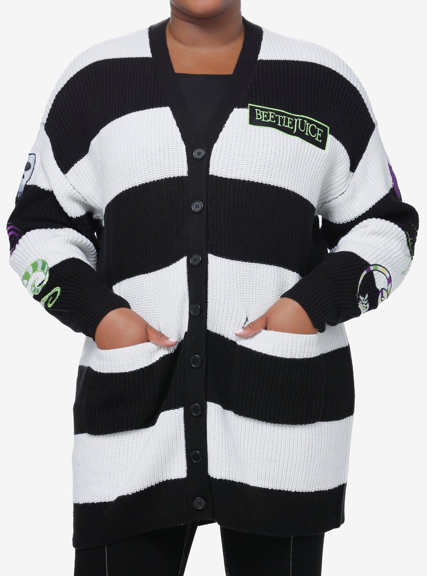 Beetlejuice Black & White Stripe Patches Girls Cardigan Plus