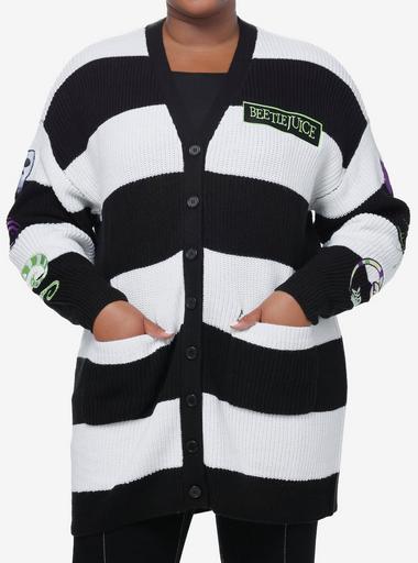 Beetlejuice Black & White Stripe Patches Girls Cardigan Plus Size