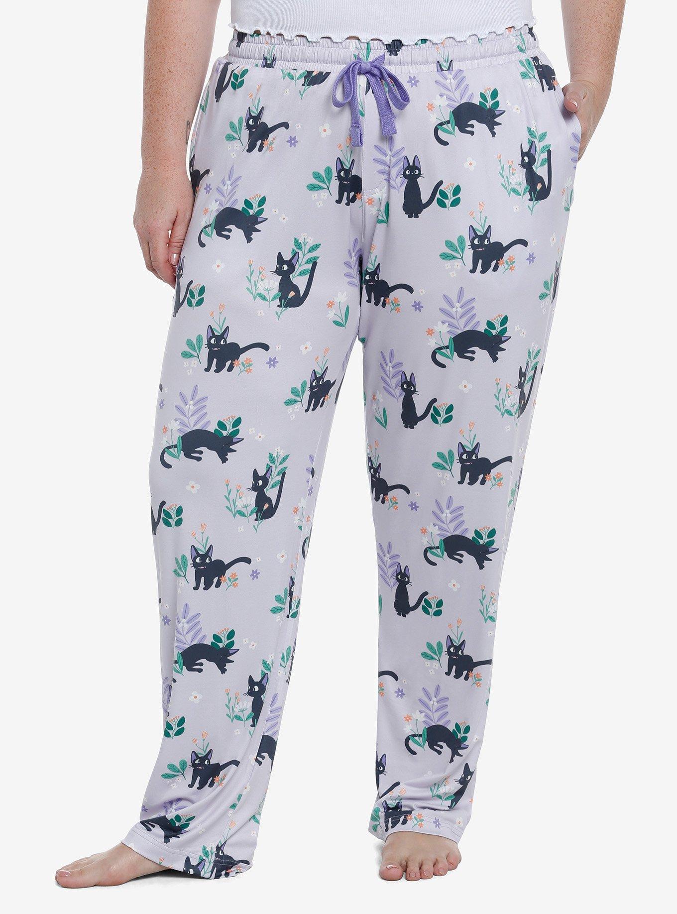 Studio Ghibli Kiki's Delivery Service Jiji & Flowers Girls Pajama Pants Plus Size, PURPLE, hi-res
