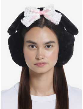Black Bunny Ear Lace Bow Earmuffs, , hi-res