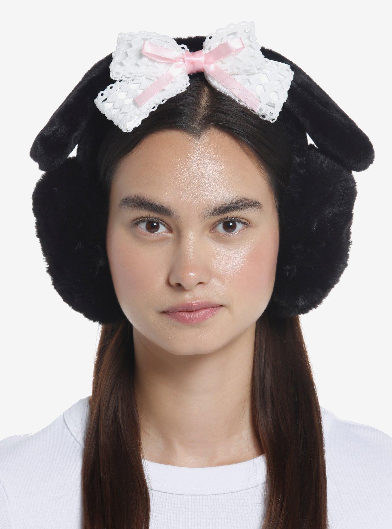 Black Bunny Ear Lace Bow Earmuffs, , hi-res