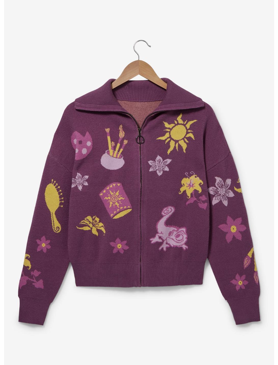 Disney Tangled Icons Zippered Women's Plus Size Sweater - BoxLunch Exclusive, PURPLE, hi-res
