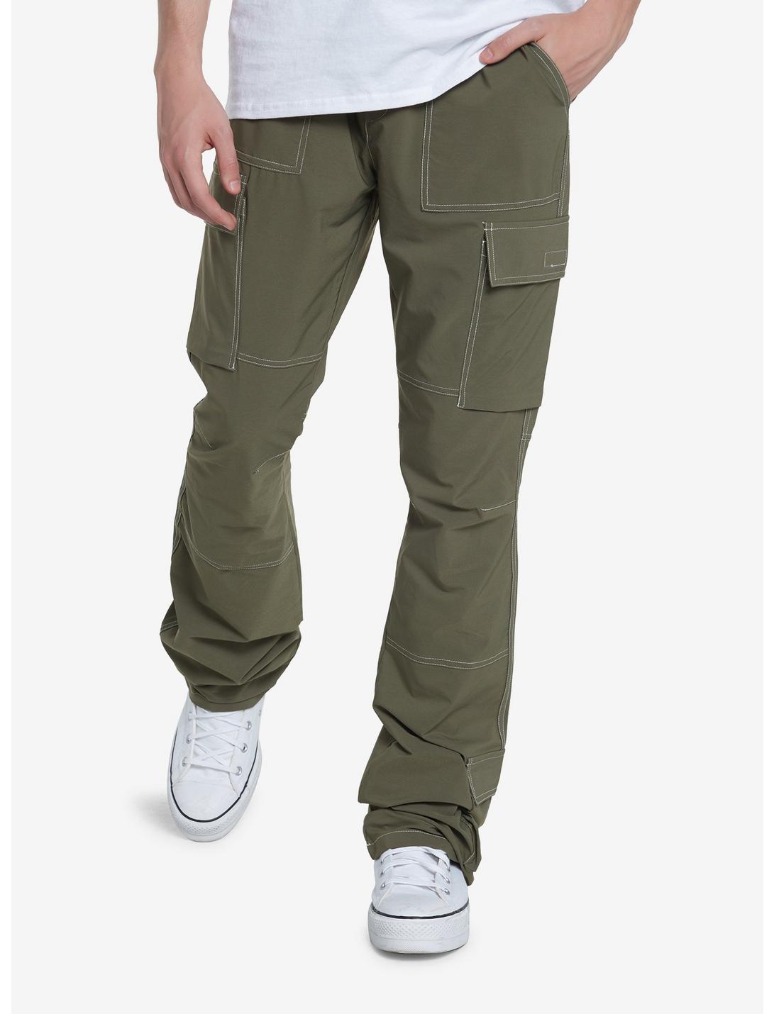 Olive Green Contrast Stitch Cargo Pants, WHITE, hi-res