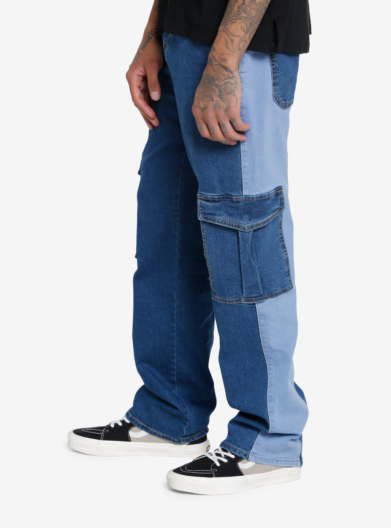 Dark & Light Indigo Denim Cargo Pants, BLUE, hi-res