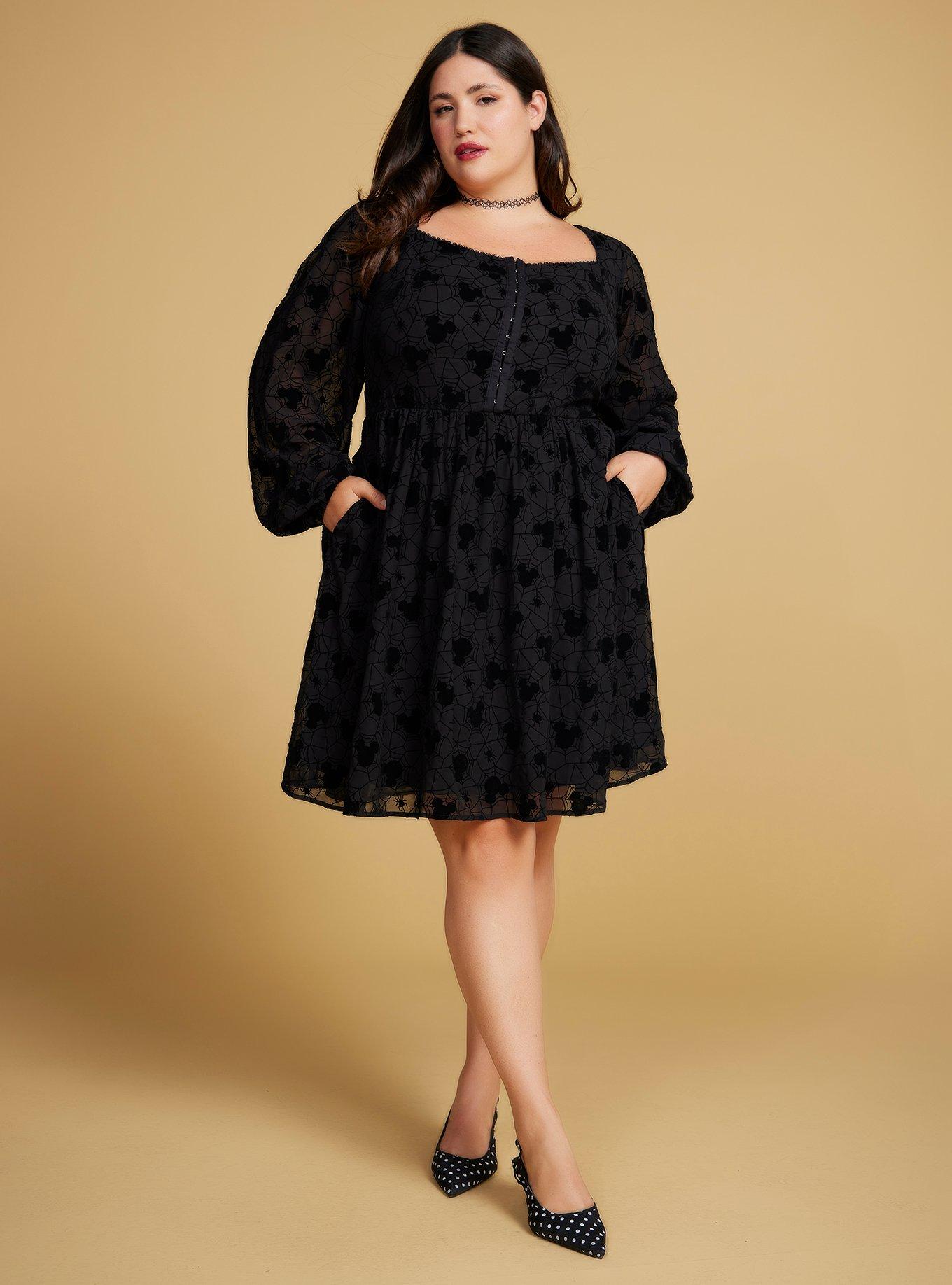 Disney Mickey Mouse Spider Web Long Sleeve Plus Size Smock Dress - BoxLunch Exclusive, BLACK, hi-res
