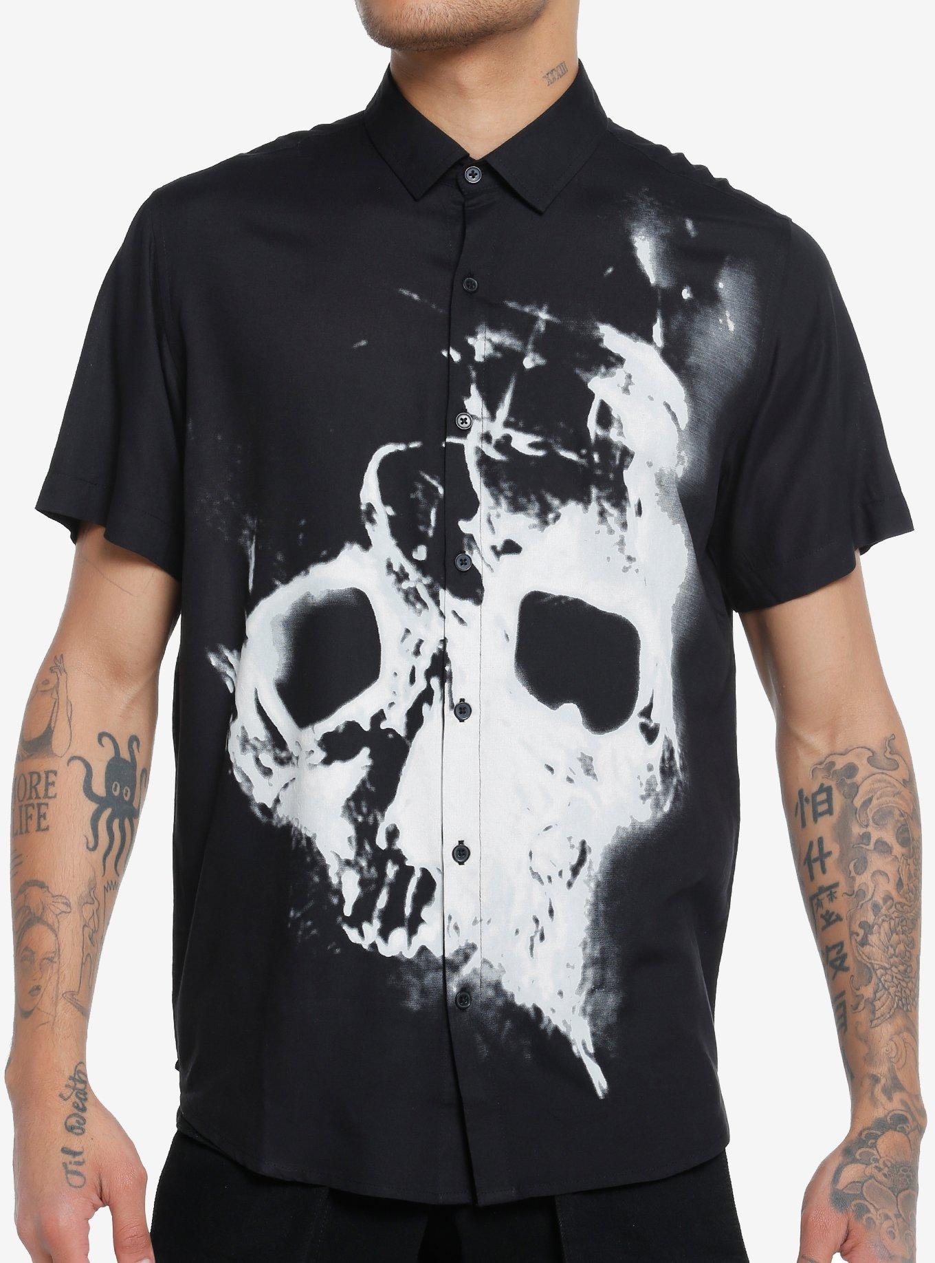 Hollow Skull Woven Button-Up, BLACK, hi-res