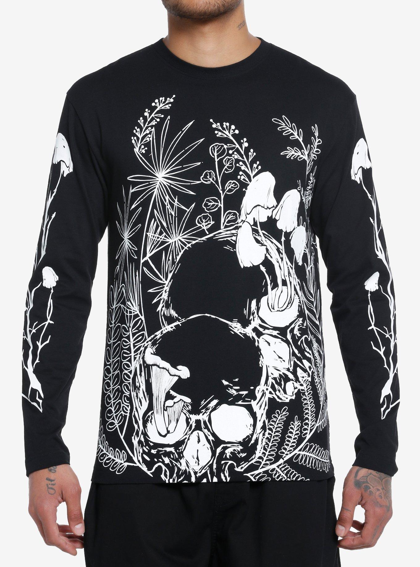 Black & White Mushroom Skull Long-Sleeve T-Shirt, WHITE, hi-res