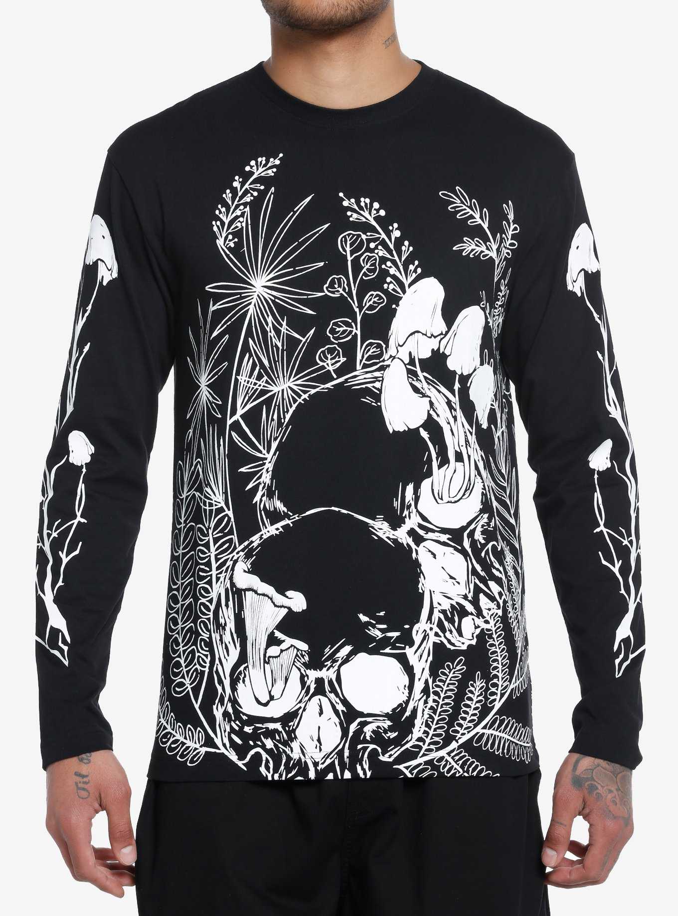 Black & White Mushroom Skull Long-Sleeve T-Shirt, , hi-res