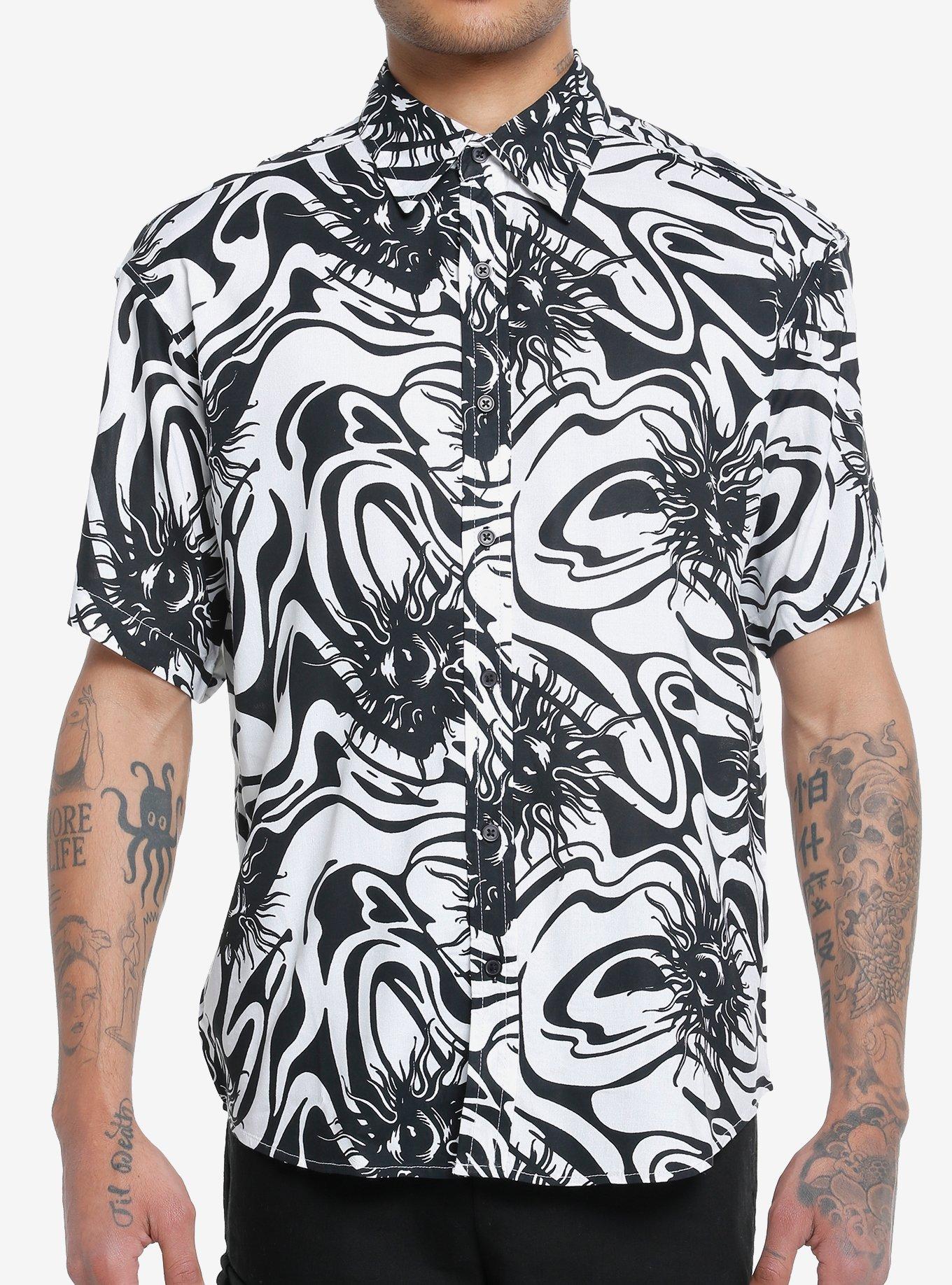 Black & White Sun Spiral Woven Button-Up, WHITE, hi-res