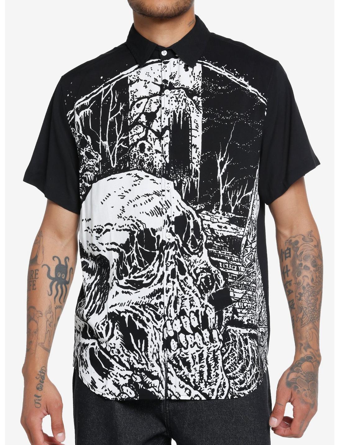 Haunted Forest Skull Woven Button-Up, WHITE, hi-res