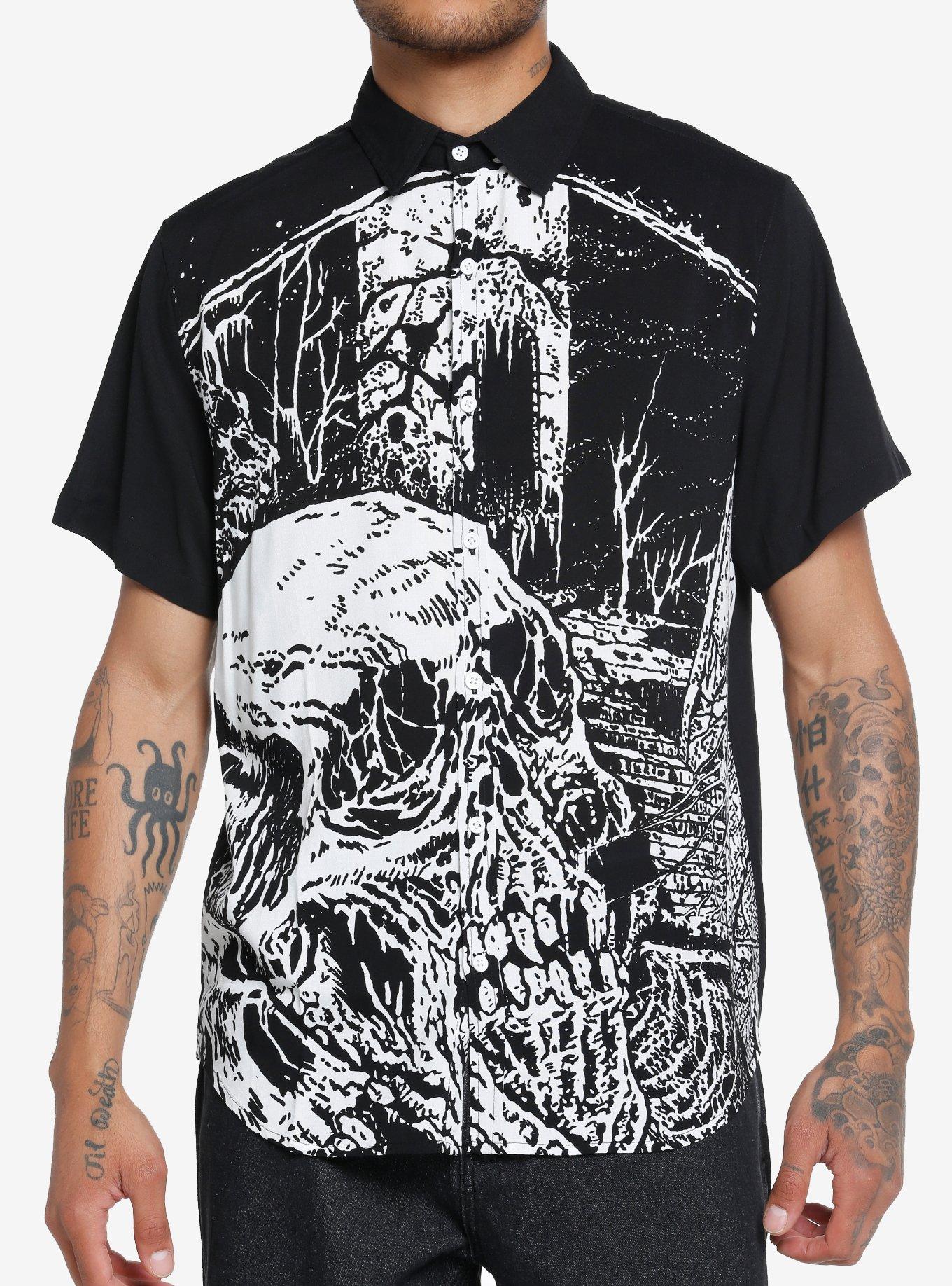 Haunted Forest Skull Woven Button-Up, WHITE, hi-res