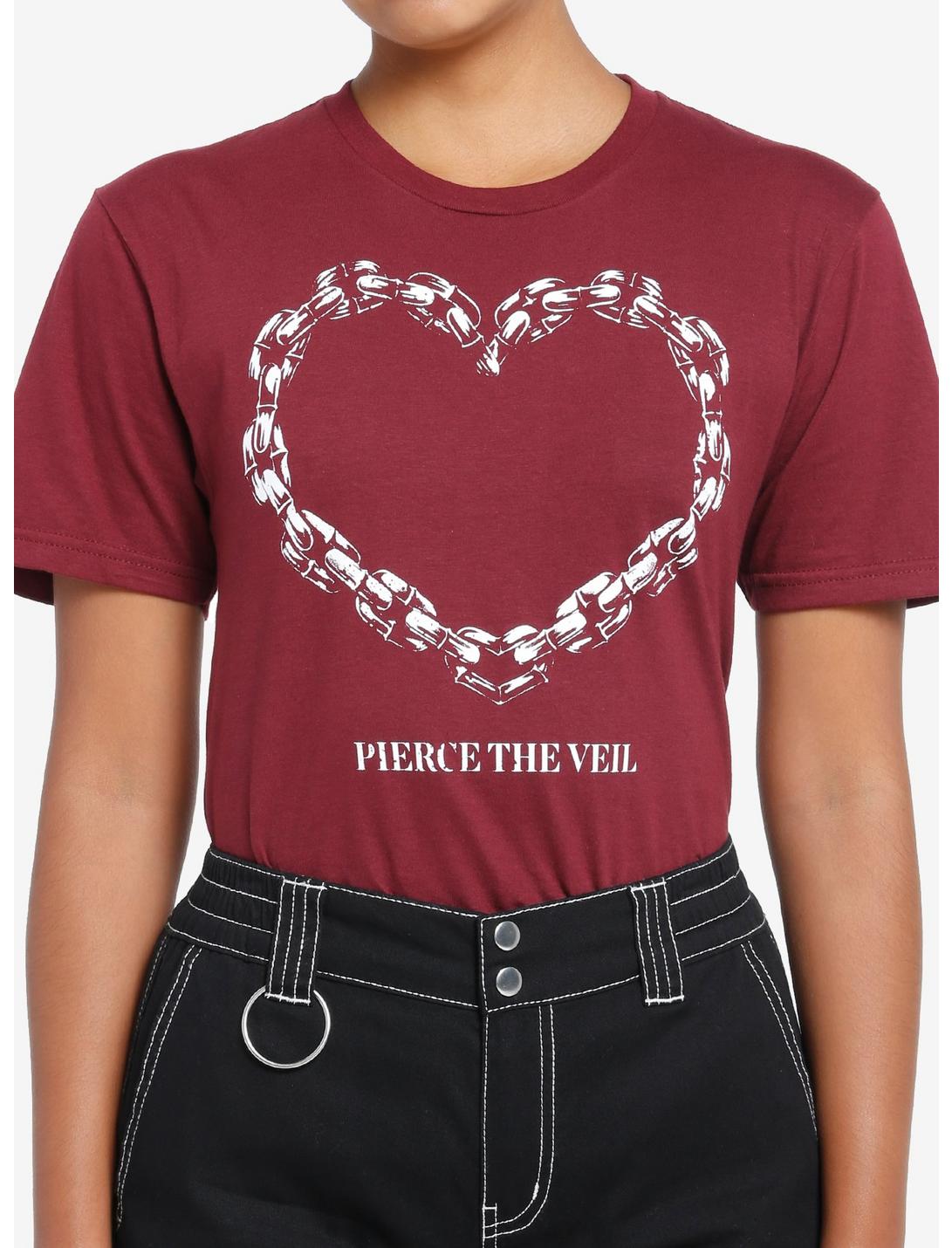 Pierce The Veil Chain Heart Burgundy Boyfriend Fit Girls T-Shirt, BURGUNDY, hi-res