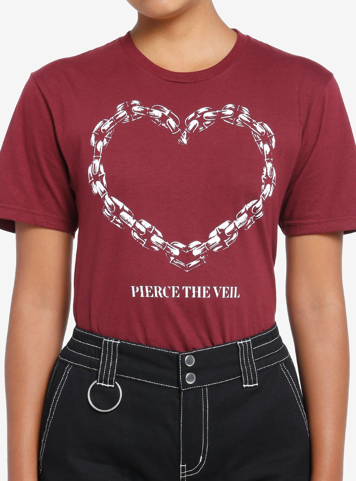 Pierce The Veil Chain Heart Burgundy Boyfriend Fit Girls T-Shirt, BURGUNDY, hi-res