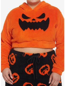 Orange Pumpkin Girls Fuzzy Crop Hoodie Plus Size, , hi-res