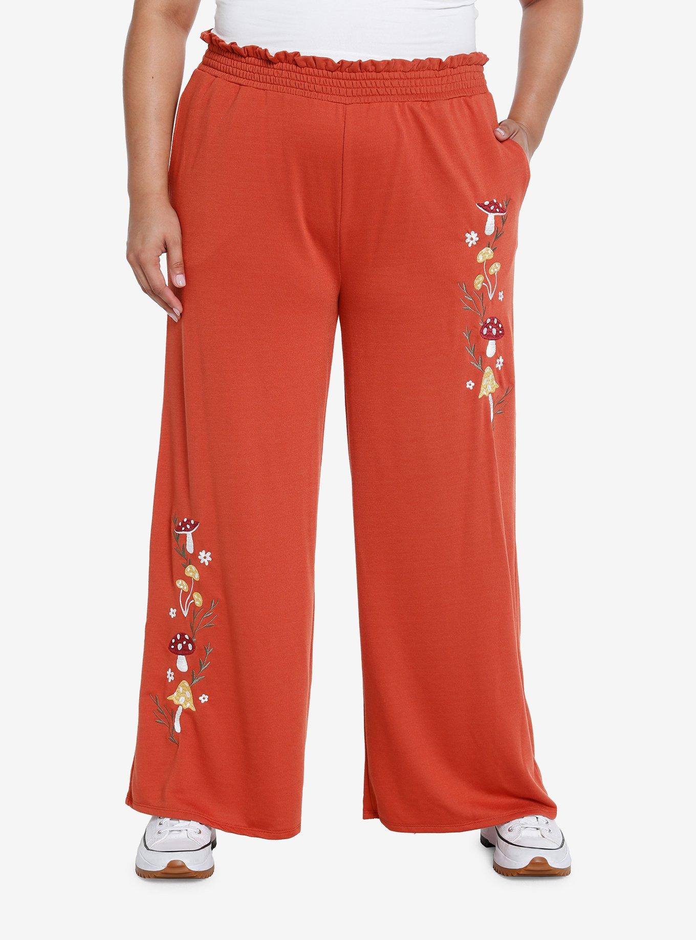 Thorn & Fable Mushrooms & Flowers Embroidered Wide Leg Pants Plus Size, RUST, hi-res