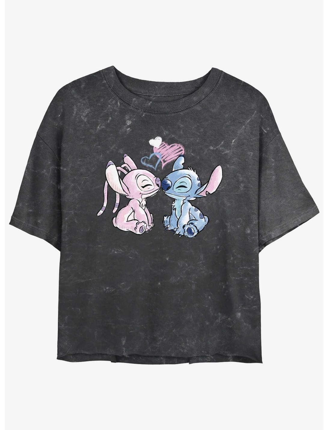 Disney Lilo & Stitch Angel Loves Stitch Mineral Wash Girls Crop T-Shirt, BLACK, hi-res