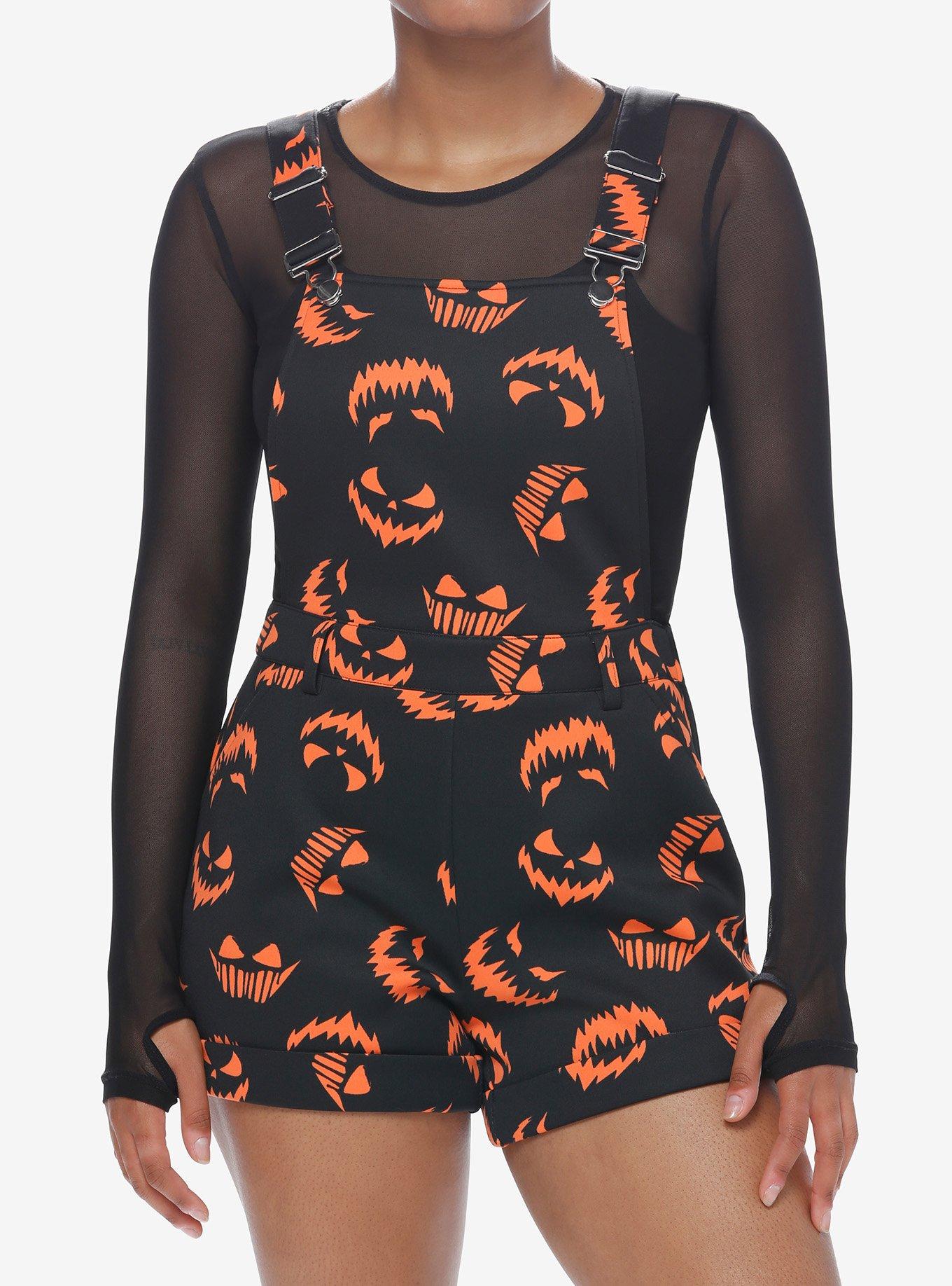 Social Collision Black & Orange Pumpkin Scuba Shortalls, ORANGE, hi-res