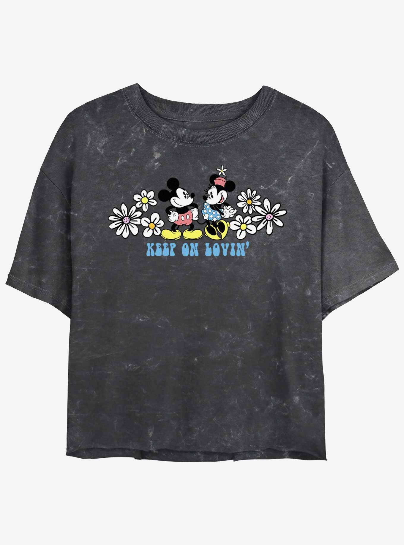 Disney Mickey Mouse & Minnie Mouse Keep On Lovin' Mineral Wash Girls Crop T-Shirt, BLACK, hi-res